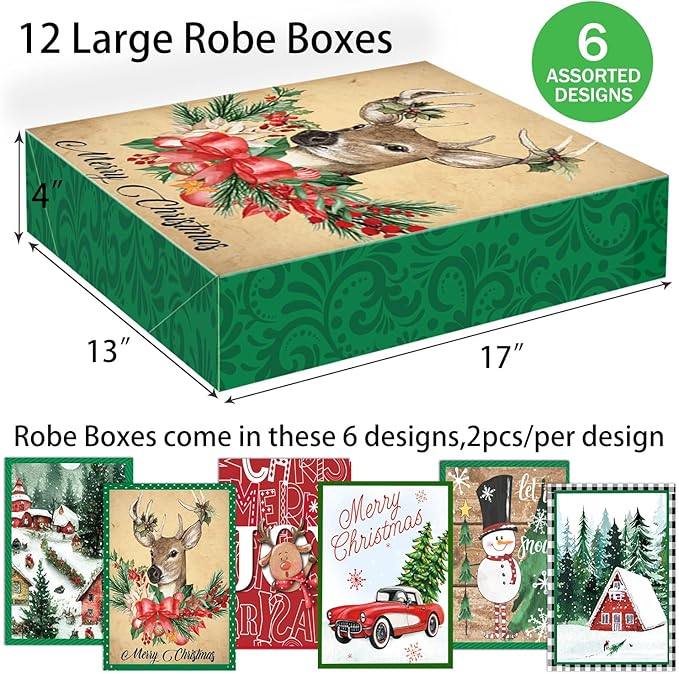 12 Extra Large Christmas Gift Wrap Boxes Bulk with Lids, 12 Tissue paper and 80 Foil Christmas gift Stickers for Wrapping Oversized Clothes (Robes, Sweater, Coat, Shirts) and Xmas Holiday Present