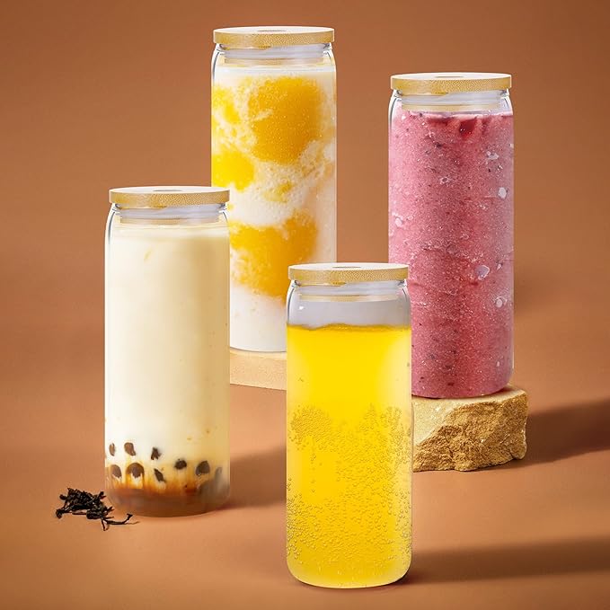 6 Pack 24oz Drinking Glasses Iced Coffee Cups Can Tumbler Glasses with Bamboo Lids and Straws Tumbler Glasses Cups Can Shaped Glass Gups Large Drinking Can Cups for Boba Smoothies Soda Juice Tea