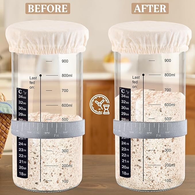 2pcs 1000ML FSourdough Starter Kit with Date Marked Feeding Band, Thermometer, Cloth Cover & Metal Lid, Reusable Sourdough Bread Baking Supplies, Canisters for household or kitchen use