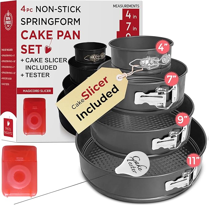 Spring Form Pan for Cheesecake, 4/7/9/11 Inch NONSTICK Cheesecake PanSet with CAKE SLICER and TESTER, Leakproof Springform Pan Set, 4 Spring Form Pans for Baking Compatible with INSTANT POT