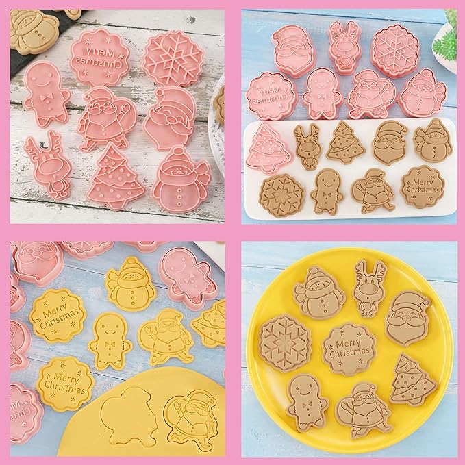 8Pcs Christmas Cookie Cutters, 3D Plastic Snowflake, Santa, Tree, Snowman Design Biscuit Mould and Cutters