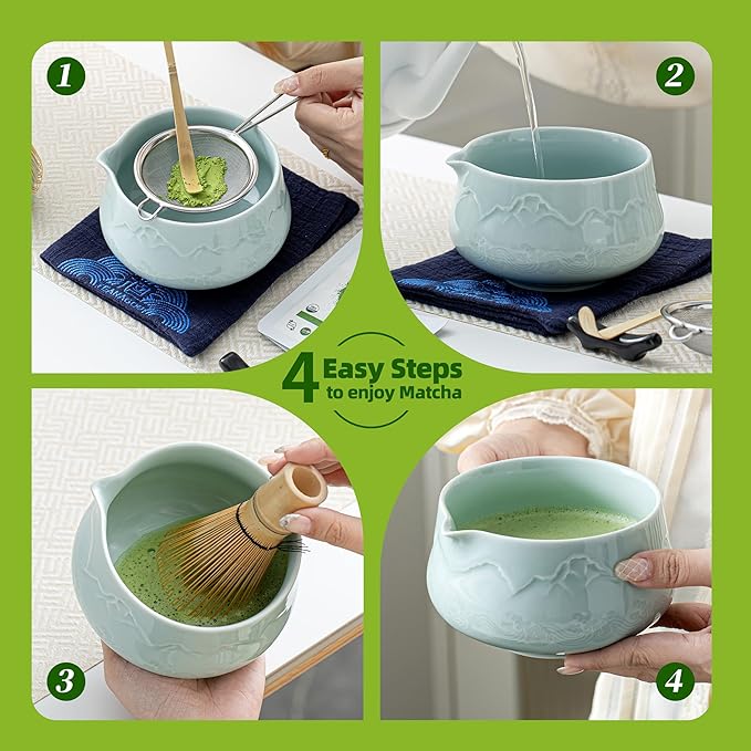 TEANAGOO 7 Pcs Matcha Whisk Set Blue, Ceramic Matcha Set, Matcha Kit for Ceremony, Matcha Tea Set for Making Breakfast/Latte, Tradition Whisk Set and Bowl with Scoop&Sifter, Gift for Friend/Family