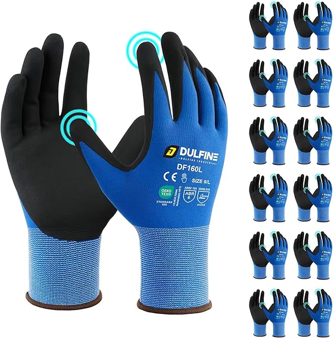 Safety Work Gloves MicroFoam Nitrile Coated-12 Pairs Pack,Blue Seamless Knit Nylon Glove with Black Micro-Foam Nitrile Grip,Ideal for General Purpose,Automotive,Home Improvement,Painting(Large)