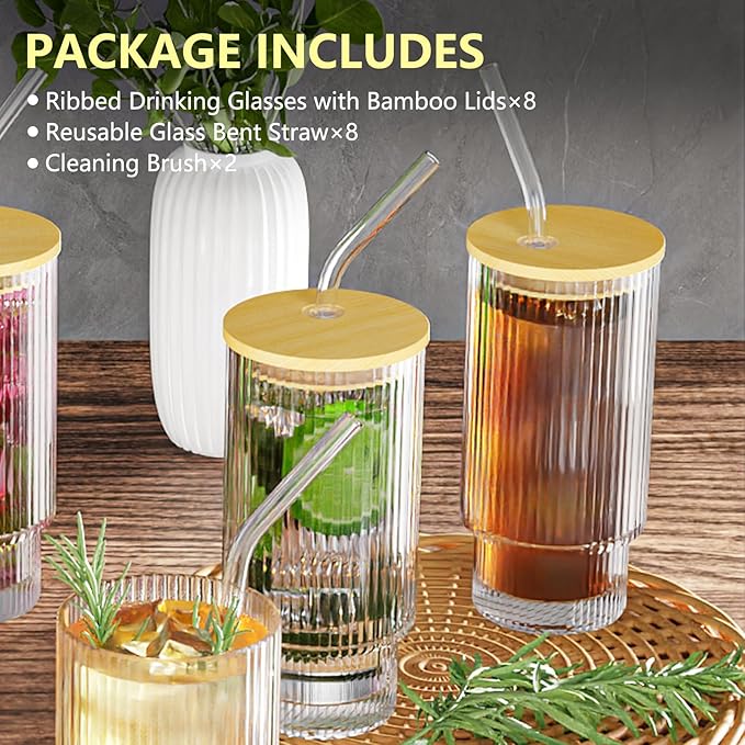 Glass Cups, 16OZ Vintage Glass Coffee Cups with Lids and Straws 8 Set, Vintage Glassware for Whiskey Cocktail Beer, Iced Coffee Cups with Lid, Glass Tumbler with Straw and Lid