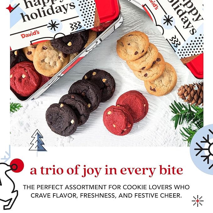 David's Cookies Happy Holidays Mini Cookies in Sweet Sampler Tin - Assorted Mini Christmas Cookies with Chocolate & White Chocolate Chip and Red Velvet - Gourmet Cookie Gift Basket for Christmas 14oz