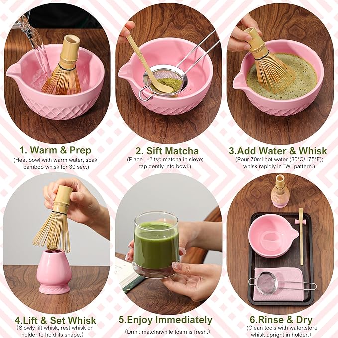 Matcha Whisk Set, 7 Pcs Matcha Kit, Ceramic Matcha Set Includes Matcha Bowl with Spout, Matcha Whisk and Holder, Bamboo Scoop, Scoop Rest, Sifter and Tea Towel (Cherry Blossom Pink)