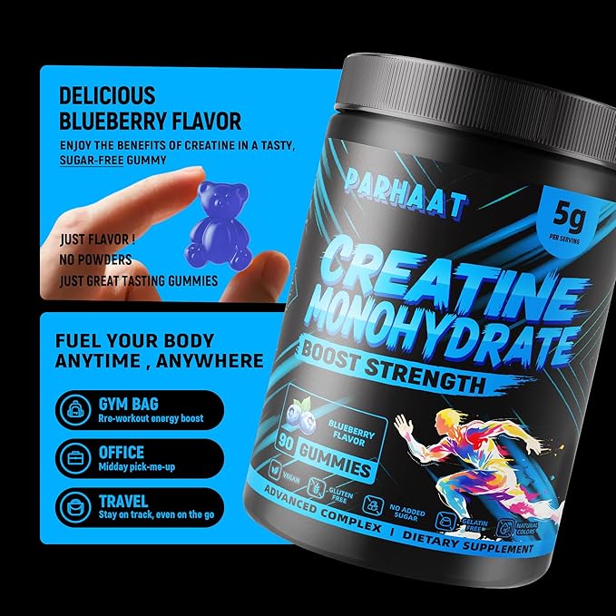 Creatine Monohydrate Gummies 5g for Men & Women - Boost Focus,Strength, and Endurance, Anti-Melting Formula, Vegan, Gluten-Free, Non-GMO, 2.5 Gram Creatine per Gummy (Blueberry 90 ct)