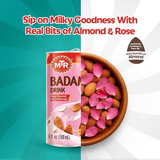 MTR Badam Drink - Rose Flavored, Ready-to-Drink - Authentic Indian Almond Milk Beverage, Real Bits of Almond, No Added Preservatives, Gluten-Free, Refreshing Drink, Perfect for Anytime Refreshment, Pack of 6