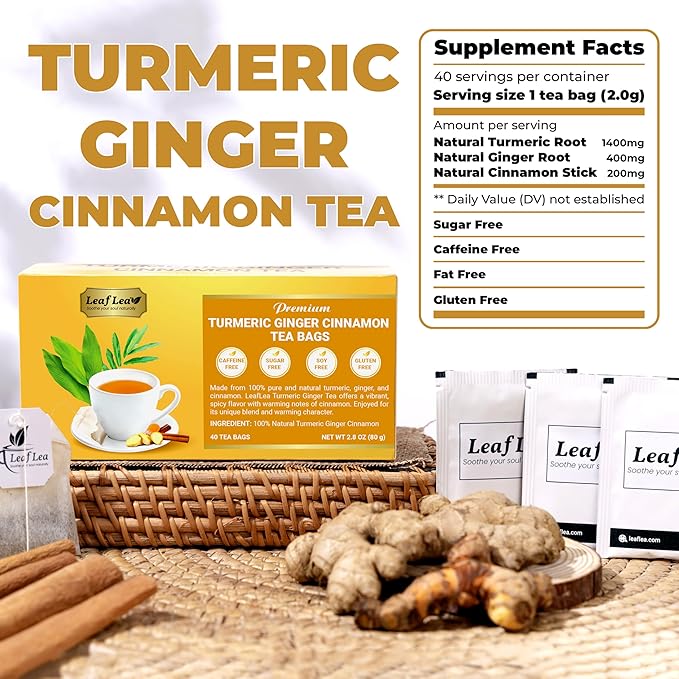 LeafLea Turmeric Tea with Ginger and Cinnamon, 80 Premium Turmeric Ginger Tea Bags, Supports Immune Health & Digestion, 100% Natural & Pure Blend Herbal Tea, Caffeine-Free, No Sugar, Vegan