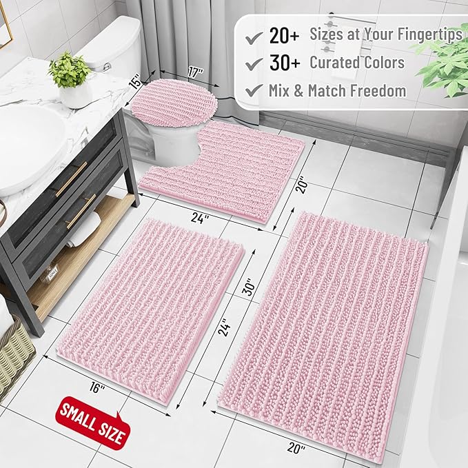 Arotive Luxury Chenille Bathroom Rug Mat, Extra Soft Thick Absorbent Shaggy Bath Rugs, Non-Slip Machine Wash Dry, Plush Bath Mats for Bathroom, Shower and Tub, 47x32, Pink
