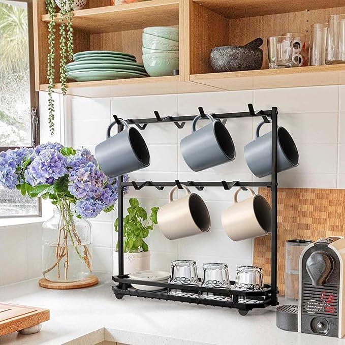 FANGSUN Large Coffee Mug Holder Stand Countertop, Tree Rack for 14 Mugs, 2 Tier Counter Display Storage, Metal Wire Tea Cup Holder for Coffee Station Kitchen Organizer, Not Included Mugs