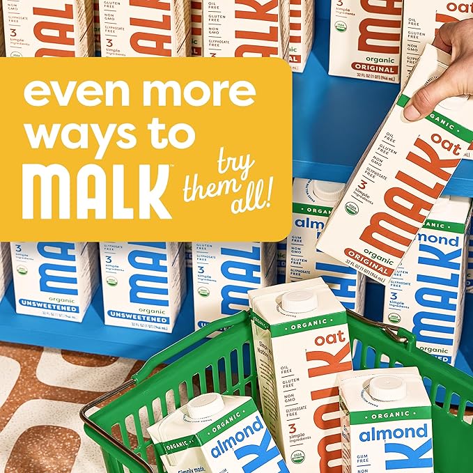 MALK Almond Milk Unsweetened Vanilla (32oz, Pack of 6) - Shelf Stable Organic Almond Milk Vanilla, Non GMO, Whole 30, Dairy Free, Vegan, Plant Based, No Gums or Fillers - Lattes Cereal Coffee Creamer