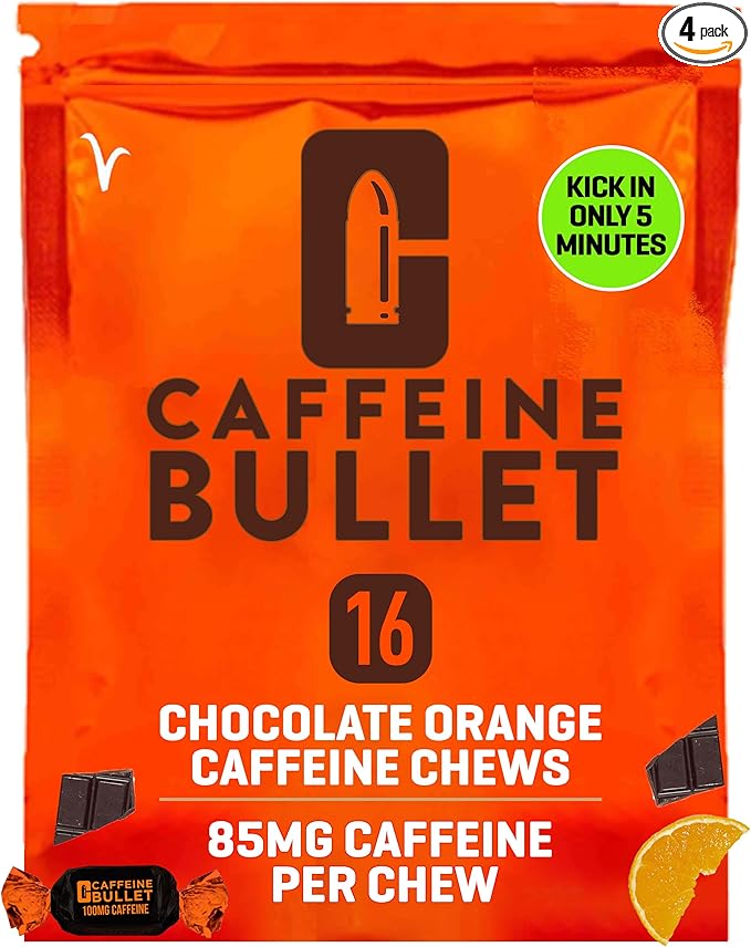 Caffeine Bullet Energy Chews - Chocolate Orange. 16 * 85mg - Faster Kick Than Pills, Gels & Gum. Sport Science for Running, Cycling, Gaming. A Pre Workout Endurance Boost.