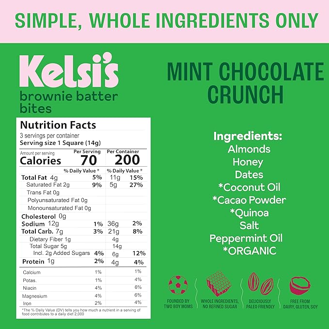 Kelsi's Mint Chocolate Crunch Brownie Batter Bites - Dairy Free / Gluten Free Dessert / Soy Free Chocolate / Paleo Candy Alternative for Adults & Kids - Healthy Dessert Snack - Whole Food Ingredients, Zero Refined Sugar, 8 Pack