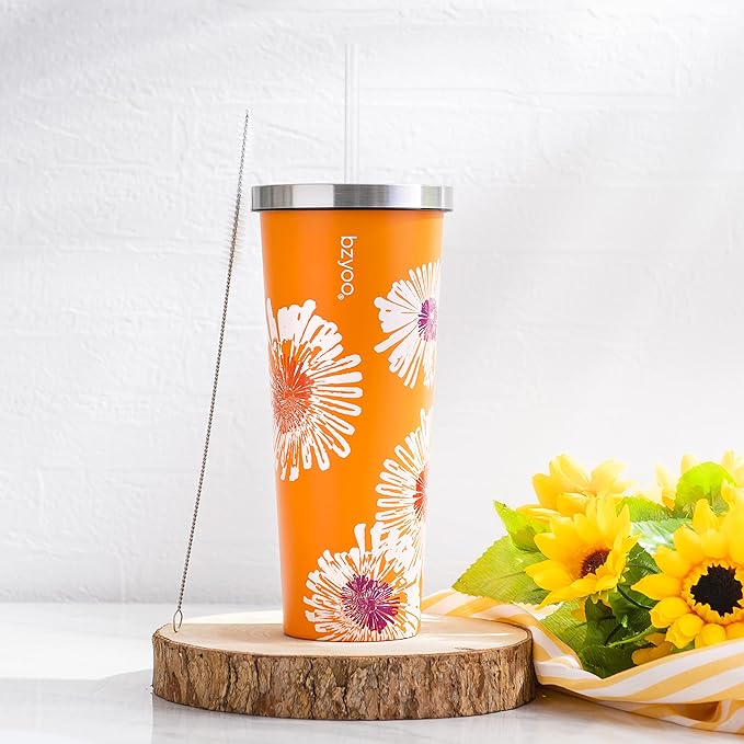 bzyoo SUP Double Wall Vacuum Insulated Tumbler with Straw and Lid Stainless Steel Water Bottle Travel Mug Cup, Mother's Day Gifts For Him & Her (710ml) Color: Orange Precious Bloom
