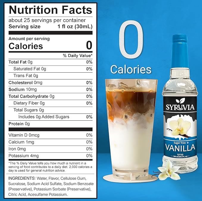 Syruvia Sugar Free Coffee Syrup, Vanilla Flavored Syrup for Drinks, Lattes, and Desserts – 25.4 fl oz, With Pump