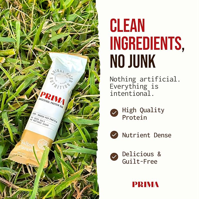 PRIMA ANCESTRAL PROTEIN BAR Grass Fed Protein Bars, 7 Pack – Animal-Based Protein Bar with Beef Tallow, Raw Honey, Seed Oil Free, Low Carb, Gluten-Free – Healthy, Energy Snacks for Clean Lifestyle (7 Pack, Salted Caramel)