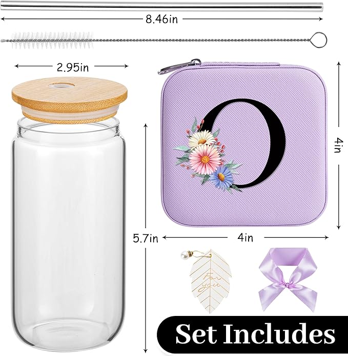 AYGXU Initial glass cups with bamboo lids,Travel Jewelry Case for Women Girls,Travel Jewelry Case Jewelry Box Organizer,coffee cups,Travel Gifts for Women Travel Essentials,Initial O purple