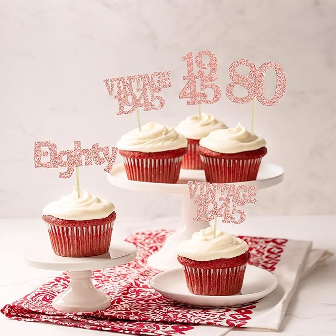 Gyufise 24Pcs 80th Birthday Cupcake Toppers Glitter Cheers to 80 Fabulous Eighty Vintage 1945 Cupcake Picks 80th Birthday Wedding Anniversary Party Cake Decorations Supplies Rose Gold