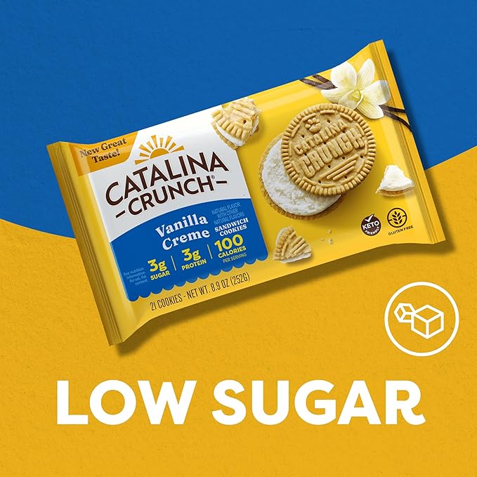 Catalina Crunch Protein Cookies, 4g Protein per Serving - Low-Sugar Sandwich Cookies - Gluten Free, Vegan - Keto Dessert Snacks - Vanilla Creme, 8.9 oz. (21 Count)