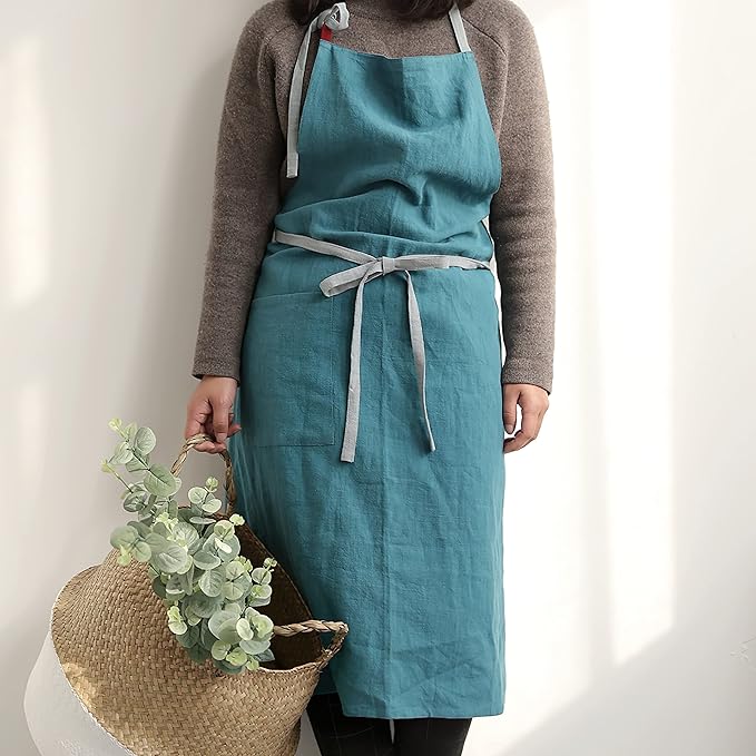 HANEE Kitchen Apron for Women & Men (9 Colors) Linen Cooking Aprons with pocket