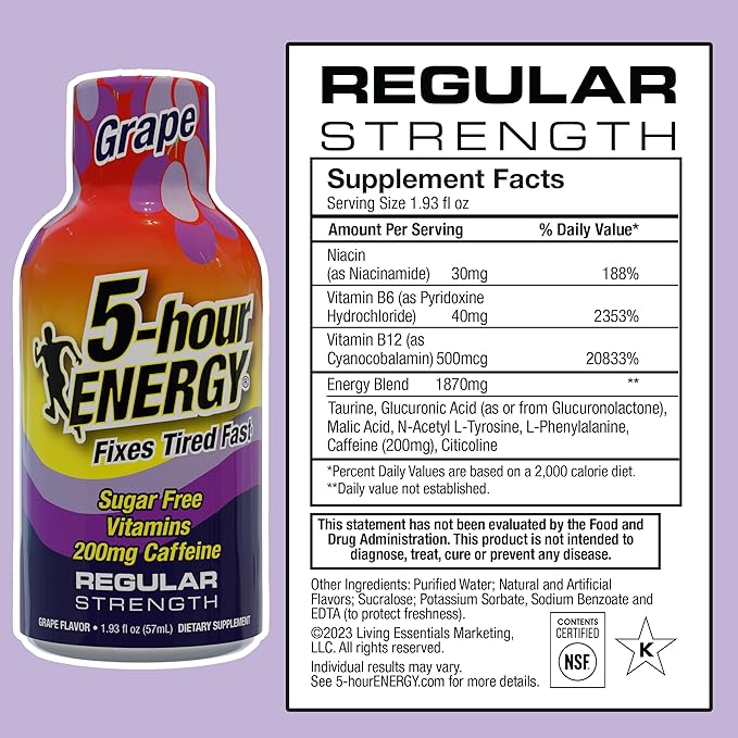 5-hour ENERGY Regular Strength Energy Shot, Grape Flavor (1.93 oz., 24 Count) Zero Calories & Sugar-Free 200 mg Caffeinated Energy Shot, Amino Acids & B Vitamins, Dietary Supplements