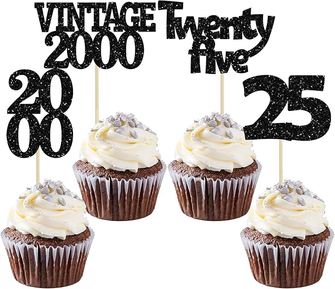 Gyufise 24Pcs 25th Birthday Cupcake Toppers Glitter Twenty-five Vintage 2000 Cheers to 25 Cupcake Picks Hello 25 Years Birthday Cake Decoration for Happy 25th Birthday Anniversary Party Supplies Black