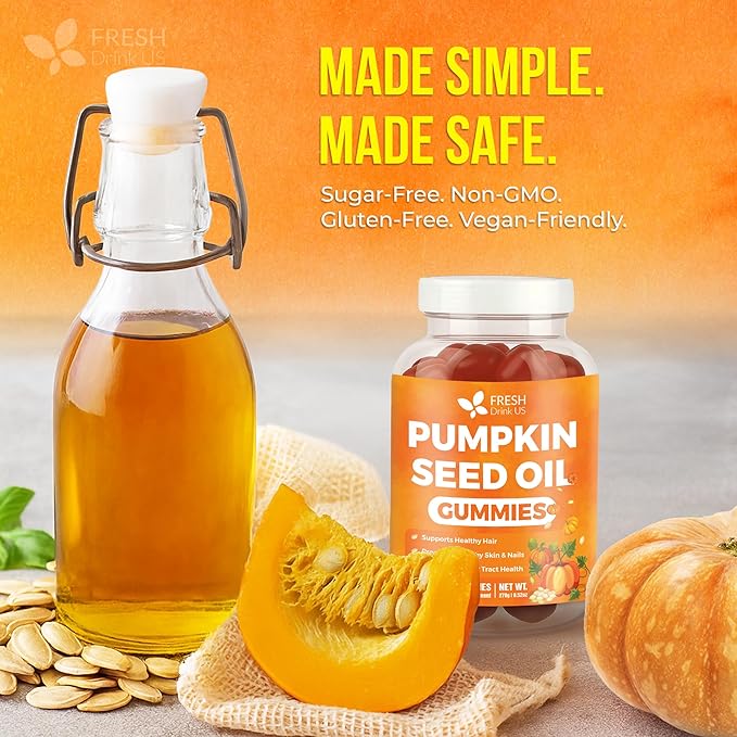 FreshDrinkUS, Premium 90 Pumpkin Seed Oil Gummies For Hair Growth, Youthful Skin, 4000mg Per Serving with Zinc & Vitamin C – Plant-Based, Non-GMO, Sugar/Gluten-Free, Men’s & Women’s Wellness Gummies