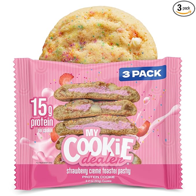 My Cookie Dealer Protein Cookies, Strawberry Creme (2.2oz, Pack of 3) - 15g Protein per Cookie - Individually Wrapped Workout Snacks for On-The-Go Travel