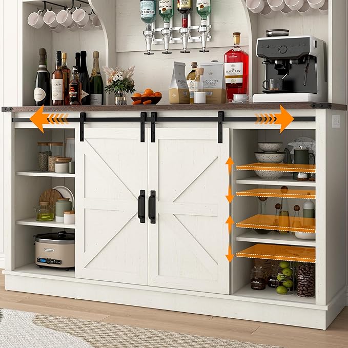 Farmhouse Coffee Bar Cabinet with Charging Station & Sliding Barn Doors - 63" W x 71" H Large Wine Rack, Built-in Liquor Dispenser, Glass/Mug Holders for Kitchen, Living Room, Hallway