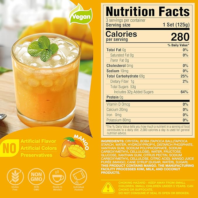 J WAY Instant Boba Bubble Pearl Mango Juice Drinks Kit with Authentic Crystal Tapioca Boba, Ready in Under One Minute, Paper Straws Included, 3 Servings