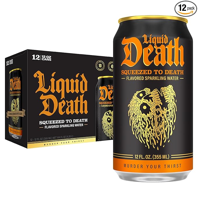 Liquid Death, Squeezed to Death, Orange-Flavored Sparkling Water, 12-Pack (12oz Cans), Low Sugar, Huge Flavor & No Artificial Sweeteners