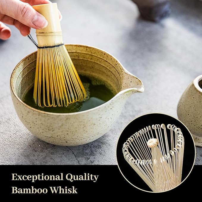 Matcha Set - Match Bowl with Spout and Whisk, 14 OZ, Matcha Scoop, Matcha Whisk and Holder, Matcha Sifter - 5pc Perfect Matcha Kit for Matcha Tea Ceremony (Mottled vintage)