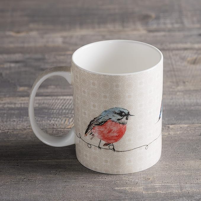Maison d' Hermine Coffee Mug with Handles Fine Bone China Mugs Pack of One Tea Cups for Hot Beverages Cappuccino Latte Home Restaurant Office Perfect for Gift (Birdies On Wire - Robin, 15 Ounce)