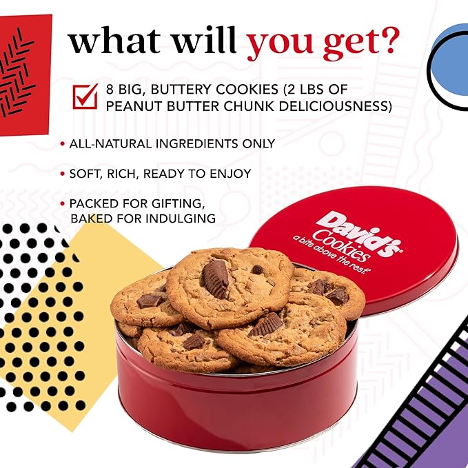 David's Cookies Peanut Butter Chunk Fresh-Baked Decadent Cookie Gift Basket Tin — Luscious Large Peanut Butter Cookies With No Added Preservatives — All-Natural Cookies — Ideal Gift for Corporate Birthday Fathers Mothers Day Get Well and Other Special ...
