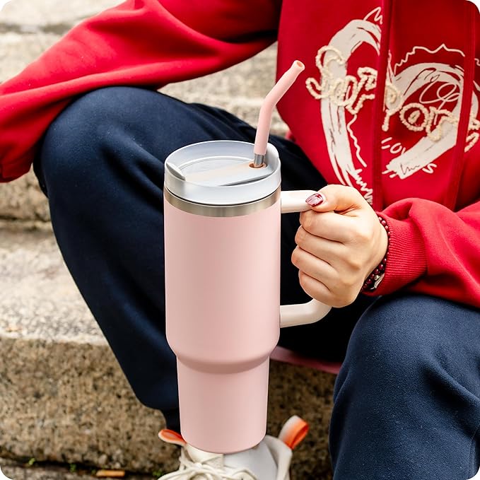 Snowfall Metal Replacement Straw for Stanley 40 OZ Cup, Long Reusable Stainless Steel Drinking Straws with Silicone Tip for Simple Modern 40 OZ Tumbler (Purplish Pink)