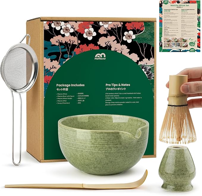 Matcha Whisk Set, Handcrafted Bamboo Chasen & Ceramic Bowl Matcha Kit, Complete 5 Pcs Matcha Set Whisk and Bowl W/Stainless Steel Sifter, Bamboo Scoop & Holder for Matcha Tea Ceremony (Mottled Green)