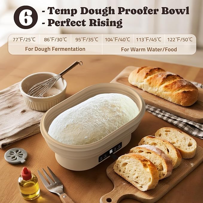 Heating Sourdough Bread Proofing Basket, 2L Electric Thermostatic Silicone Oval Banneton Proofing Bowl with 6 Timer & Temp Settings for Dough Rising, Dishwasher Safe, Foldable Sourdough Starter Bowl