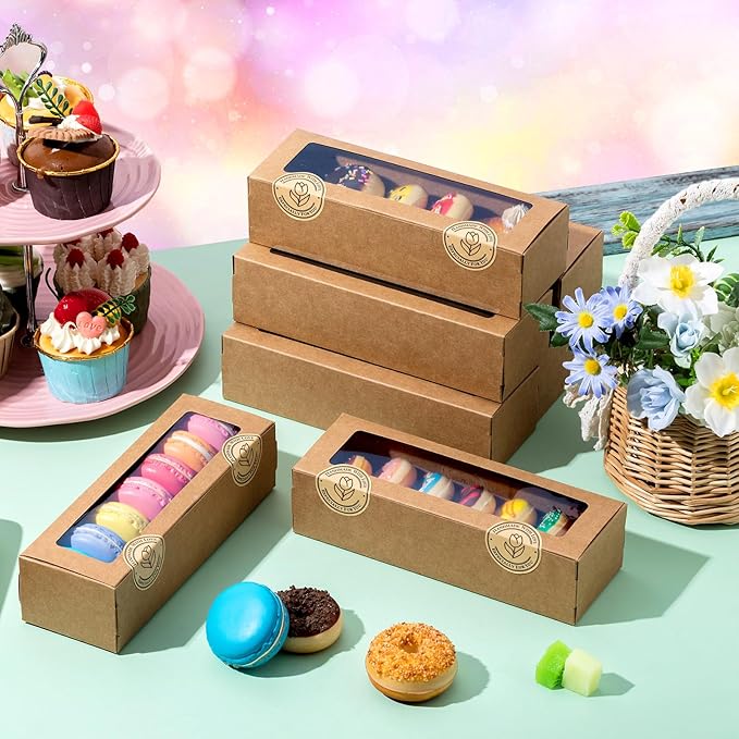 Sherr 100 Pcs Brown Macaron Boxes with Window, Cookies Boxes with 200 Pcs Stickers Long Bakery & Dessert Gifts Containers for Donuts, Pastry, Chocolate Covered Strawberry