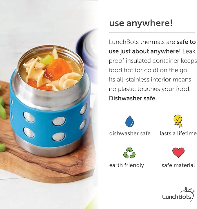 LunchBots Thermal 8 oz Triple Insulated Thermos - Hot 6 Hours or Cold 12 Hours - Leak Proof Thermos Soup Jar - All Stainless Interior - Navy Lid - Aqua Dots
