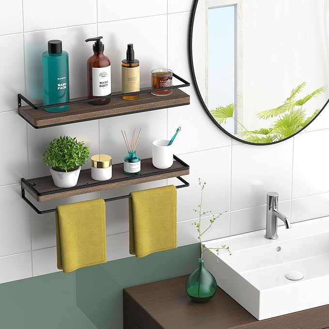 Meangood Floating Shelves Wall Mounted Set of 2, Rustic Wood Wall Storage Shelves for Bedroom,Living Room,Bathroom, Kitchen Brown