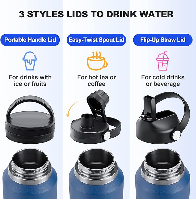HYDROWION 40 oz Insulated Water Bottle with Straw fit in Car Cup Holder(Cold 48 hrs, Hot 24 hrs) Drinking Bottle with Straw Lid, Spout Lid and Flex Cap Leakproof Travel Thermo Mug，Black