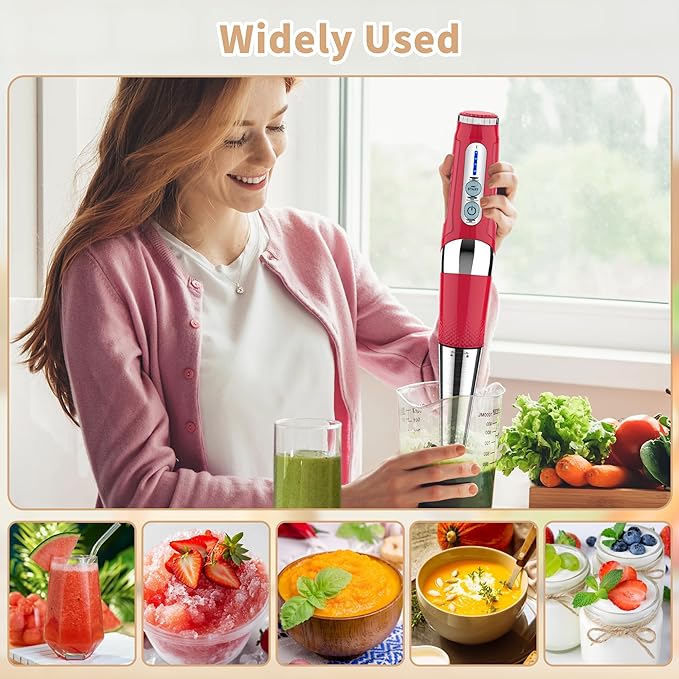 Cordless Immersion Blender Handheld: Powerful Rechargeable Electric Hand Blender, 21-Speed & 3-Angle Adjustable with Stainless Steel Blades for Milkshakes, Smoothies, Soup, Puree, Baby Food (Red)