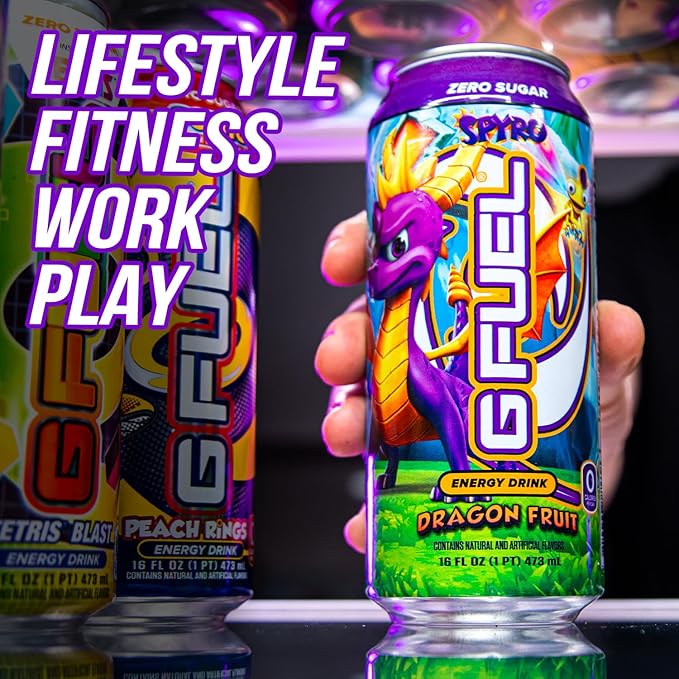 G Fuel Energy Drink, Dragon Fruit, Sugar Free Beverage with 140mg Caffeine, Daily Energy Boost with Focus Amino, Vitamin + Antioxidants, 16 oz Cans (Spyro the Dragon, 12-Pack)