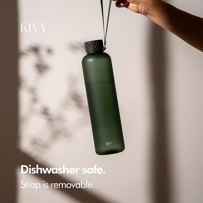 KIVY Slim Water Bottle 32oz [Lightweight & Shatterproof] Fits Backpack & Cupholder for Travel, Sports, School, Gym - Dark green water bottle no straw - Gym water bottle screw top - Dishwasher Safe