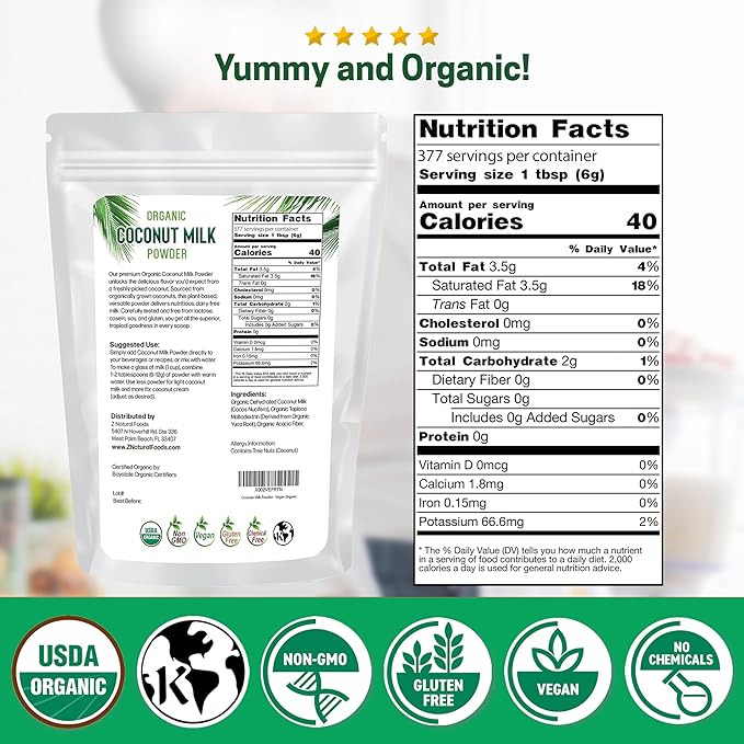 Z Natural Foods Organic Coconut Milk Powder - All-Natural Vegan Dairy-Free Alternative with MCTs - Unsweetened Coconut Creamer for Coffee & Smoothies - Gluten-Free, Non-GMO, 5 lbs