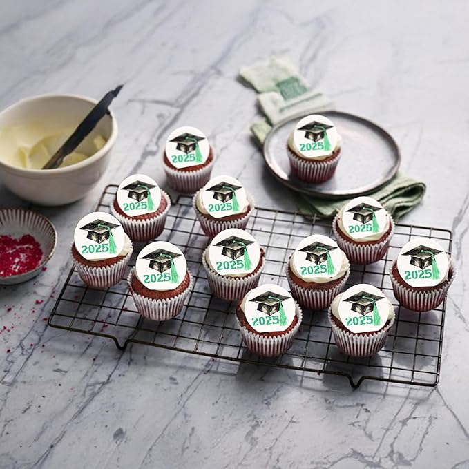 Gyufise 48Pcs Edible 2025 Graduation Theme Cupcake Toppers Wafer Paper Graduation Hat Graduate Cupcake Picks Green