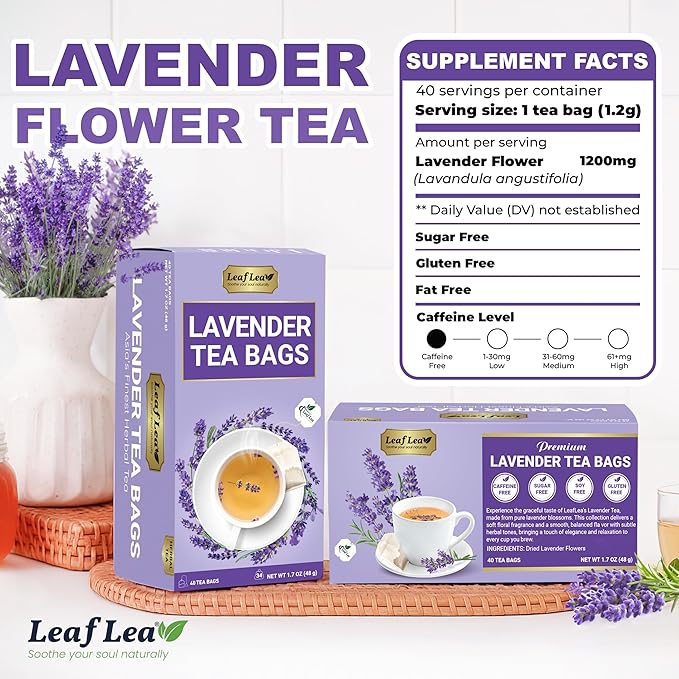 LeafLea 40 Premium Lavender Tea Bags, Natural Lavender Flowers, Lavendar Herbal Tea with Delicate Floral Aroma & Smooth Flavor, Relaxing Evening Infusion, No Caffeine, No Sugar, Individually Wrapped