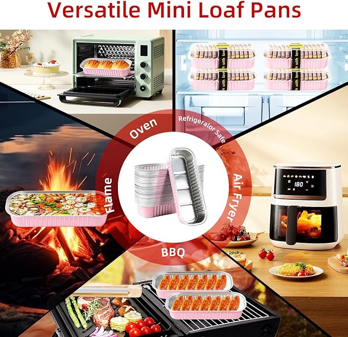 30 Pack Pink Disposable Rectangular Aluminum Foil Loaf Pans with Lids,6.8oz Mini Cake Pans for Baking, Loaf Baking Pans, Small Cake Container