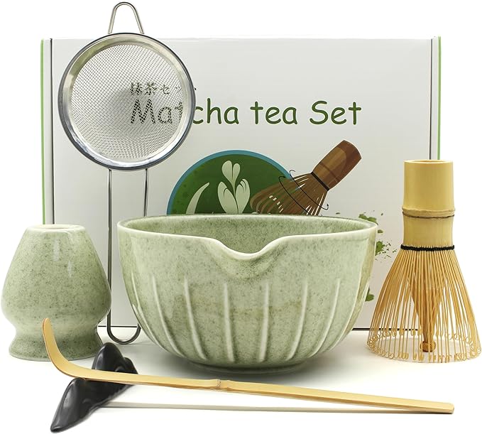7 Pieces Matcha Whisk Set - Ceramic Matcha Kit with Bowl, Whisk, Holder, Bamboo Scoop, Rest, Sifter, and Tea Towel – Elegant Matcha Gift Set for Women